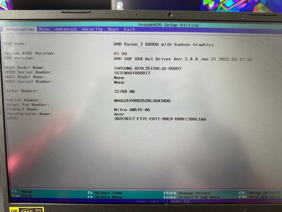 ACER NITRO 5/Ryzen 7 6800H/32GB ram/RTX 3060