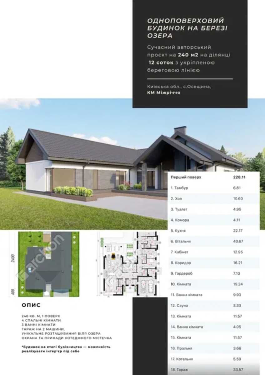 Продам одноповерховий будинок 240 м2 в КМ Міжріччя на березі озера.