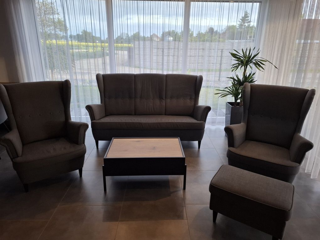 Zestaw Ikea Strandmon, sofa, uszaki, podnóżek