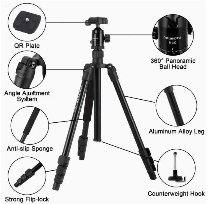 TRUIFOTO Профессиональный алюминиевый трехноговый штатив, с 360°