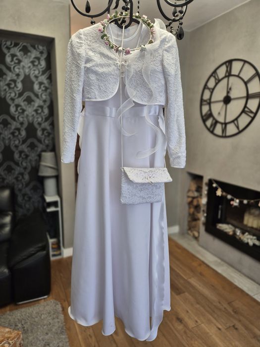 Zestaw sukienka komunijna bolerko wianek torebka komunijne