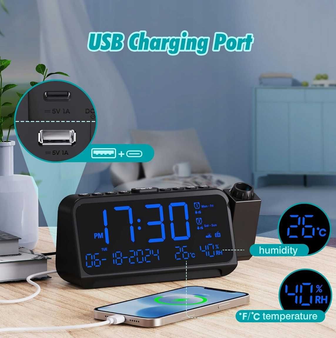Alarm zegarek Radio CR1024 cyfrowe budzik projektor LED temperatura