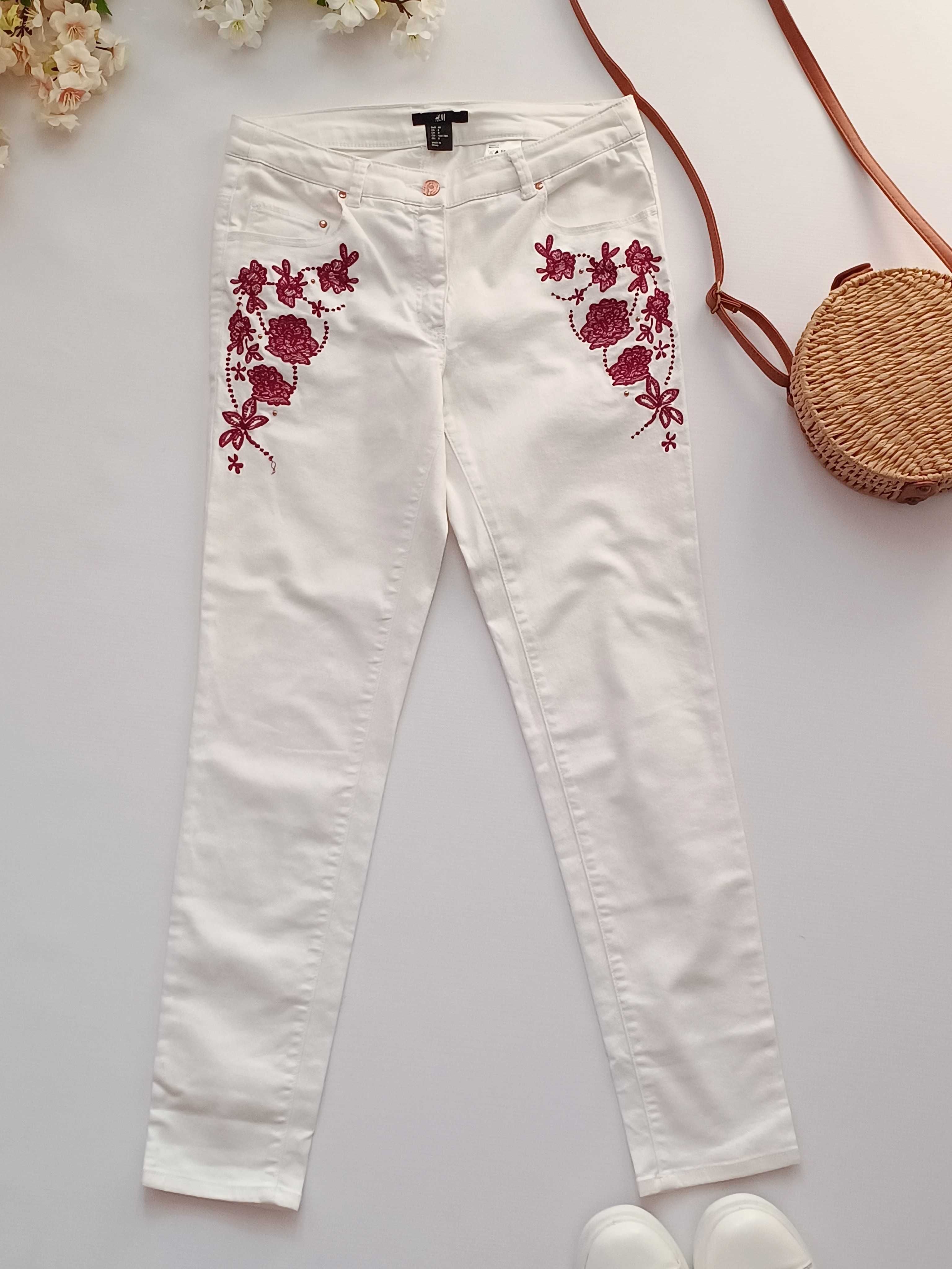 Białe spodnie jeansy do kostek skinny z haftem bawełniane H&M 38 M