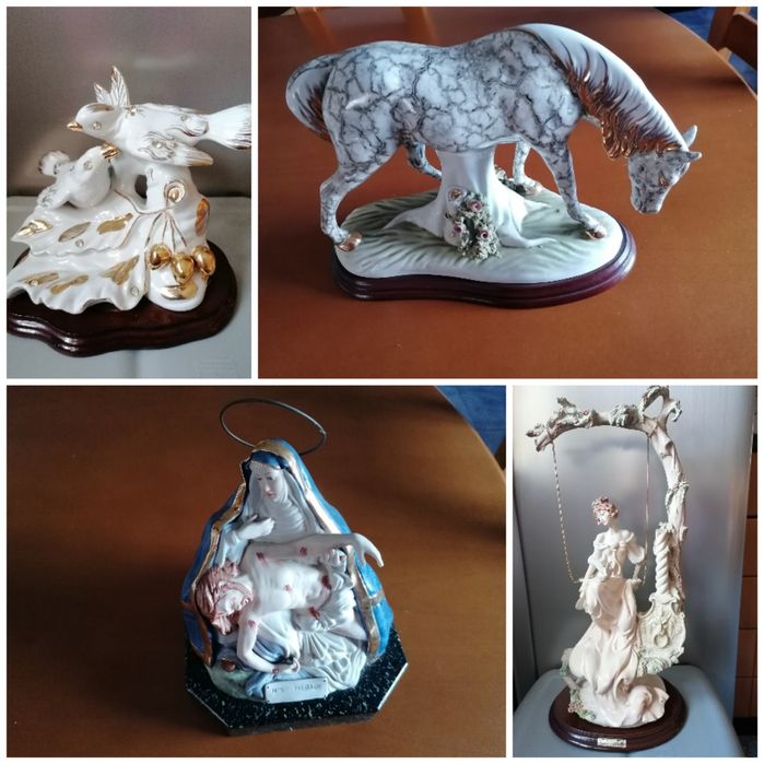 Estátuas em marfinite e porcelana em base de madeira, como novas