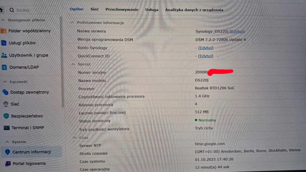 Synology DS220J dysk sieciowy NAS  1Gb z dyskiem 1TB