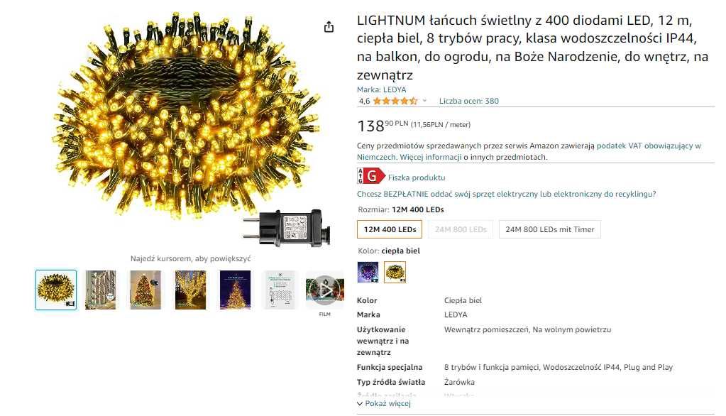 Łańcuch świetlny z 400 LED, 12 m, c. biel, 8 trybów IP44, zewnętrzne