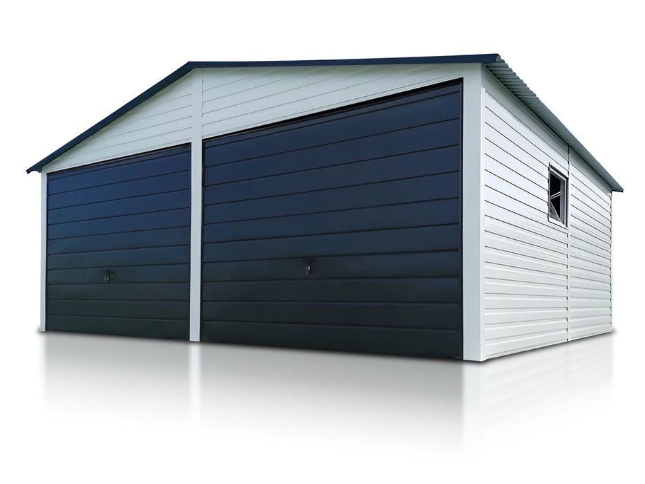 Blaszak dwustanowiskowy 6x5 m - Dach dwuspadowy, Brama uchylna, Szara