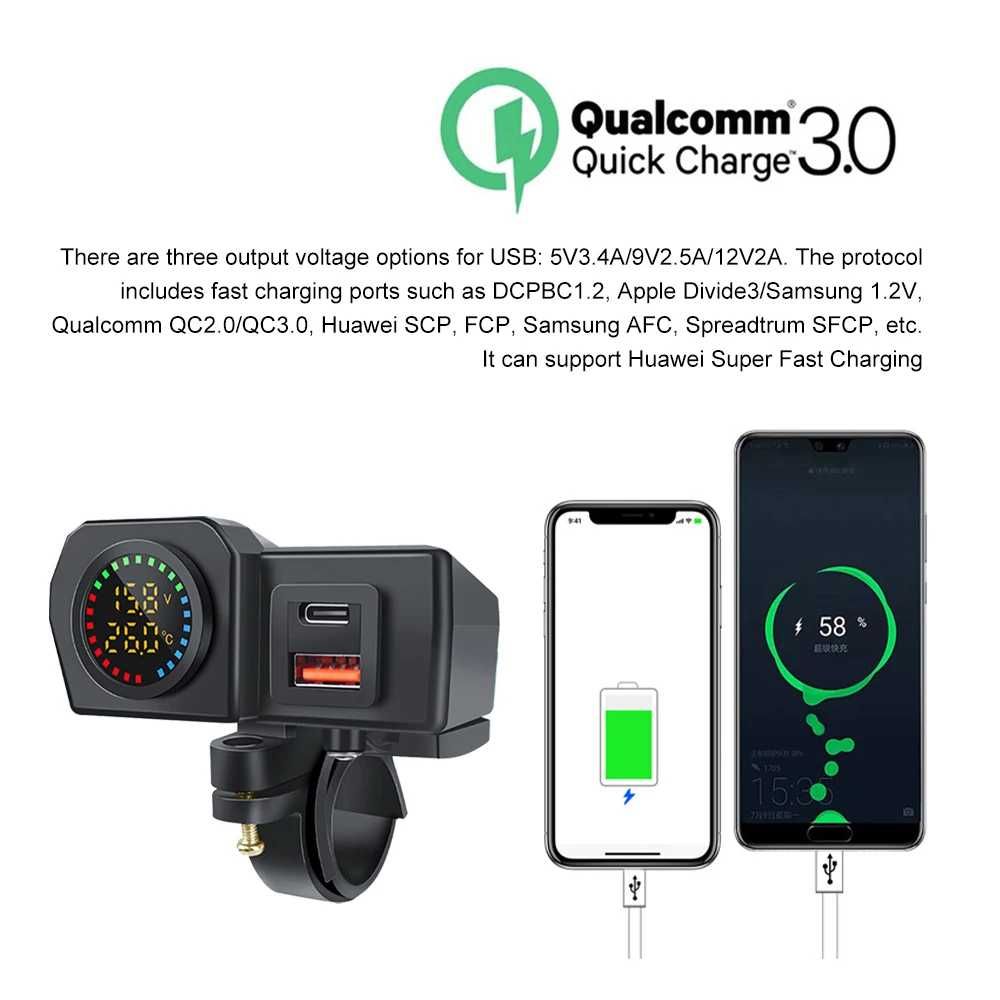 Ładowarka na kierownicę 60W QC3.0 PD gniazdo USB typu C Woltomierz