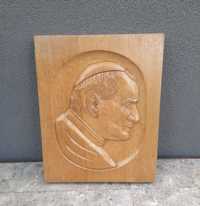 Relief płaskorzeźba drewno dąb Papież Jan Paweł II 30x38x4,5cm