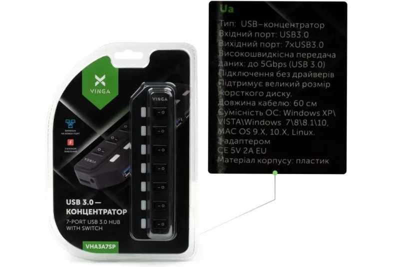 2 Концентратора  USB3.2 Gen1 Vinga ( 7 портів і 4 порти)