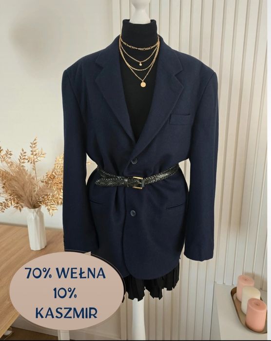 Granatowa marynarka wełna 40 L wool oversize kaszmir bdb guziki