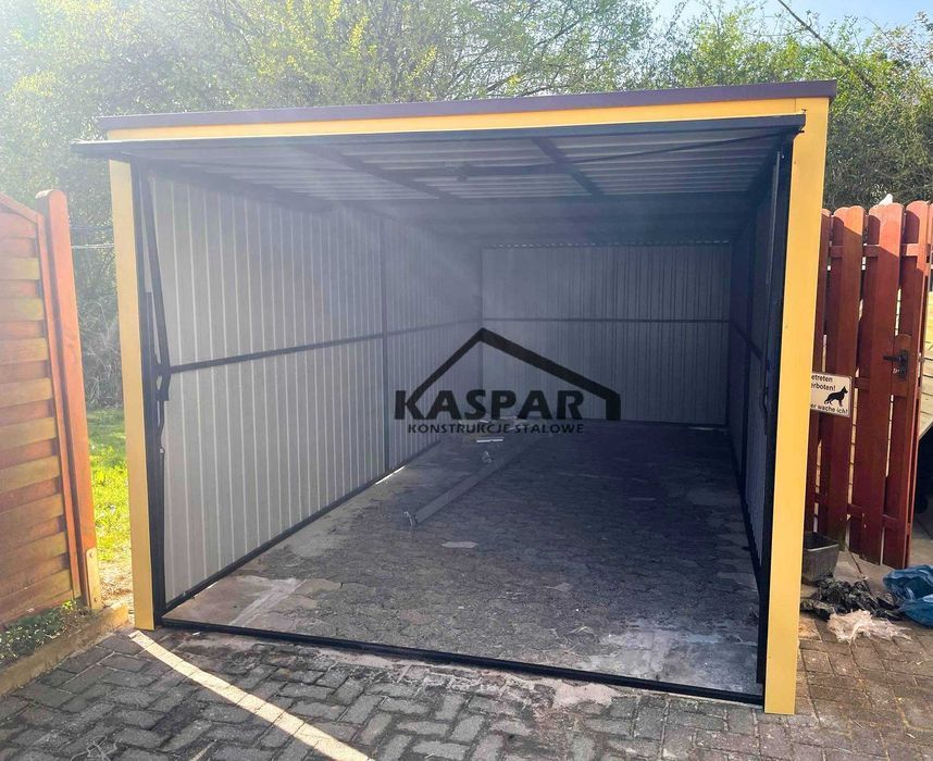 Garaż blaszany 3x4 Brama uchylna kolor żółty  spad w tył GP98