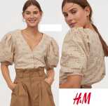 H&M beżowa haftowana bluzka XL bufiasty rękaw