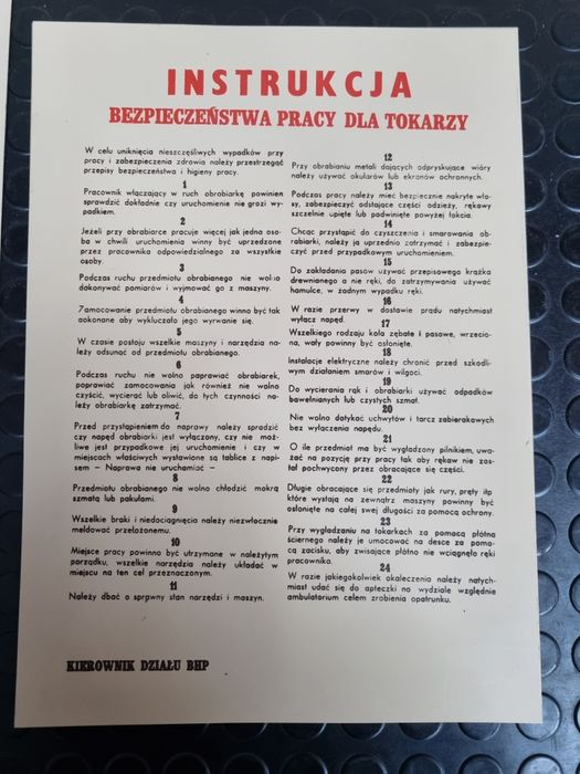 Tablica informacyjna PRL instrukcja dla tokarzy