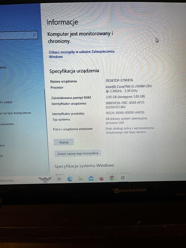 Uszkodzony Laptop Packard bell