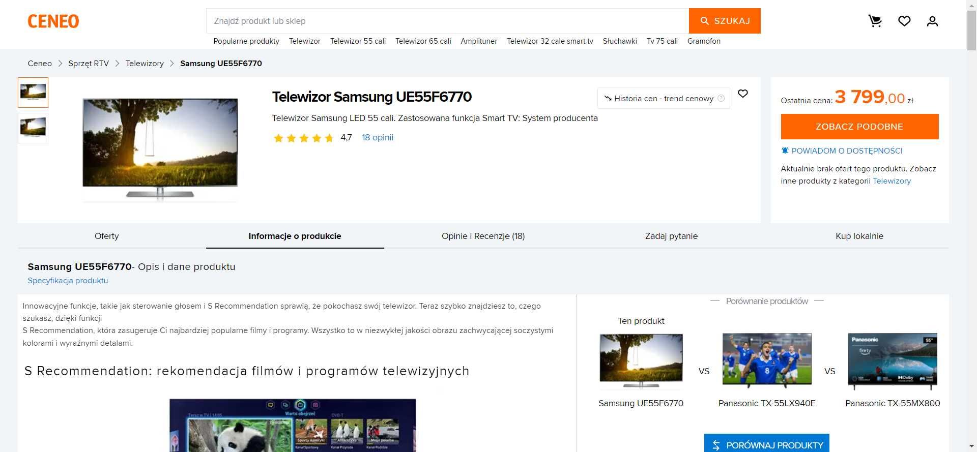 Sprzedam telewizor marki Samsung UE55F6770 3D- matryca