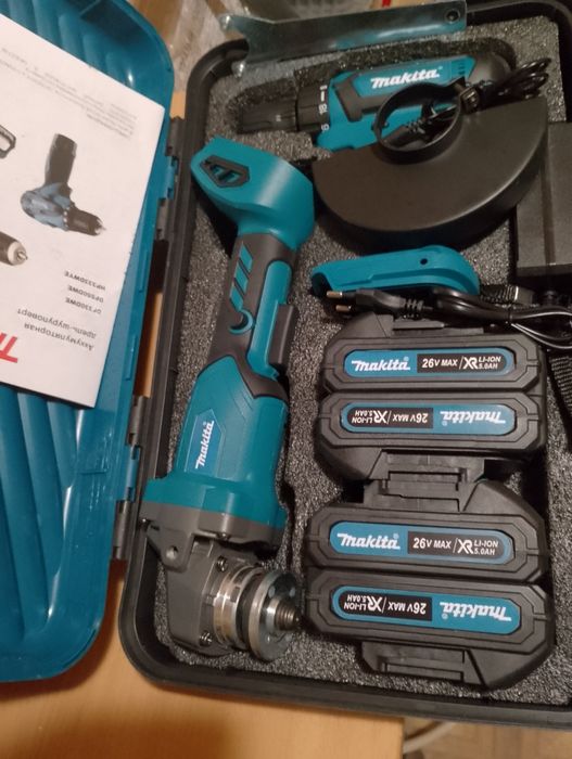 Акумуляторні болгарка, шуруповерт у кейсі, виробник Makita