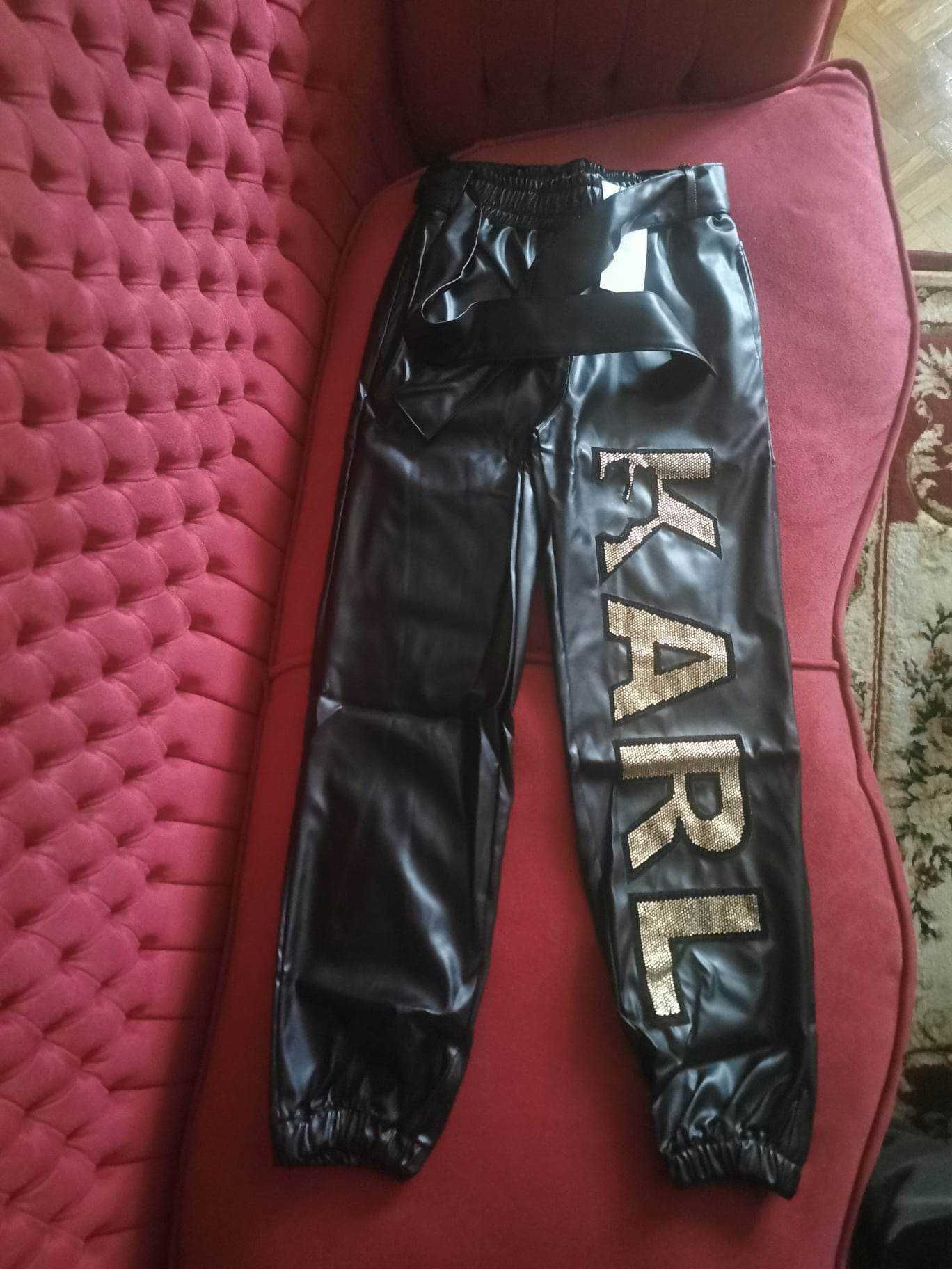 Nowe spodnie damskie Karl z ecoskóry w kolorze czarnym z cyrkoniami