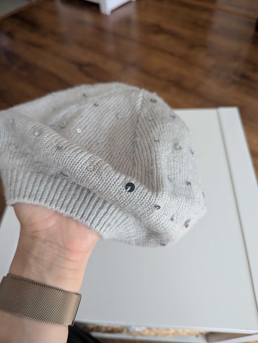 Czapka - beret  szary z cekinami na jesień - 152-170 h&m