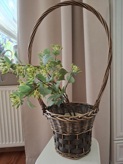 Koszyk wiklinowy oliwkowo-złoty z  rośliną