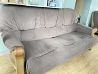 Zestaw mebli wypoczynkowych kanapy fotel drewno brązowe obicie stylowe