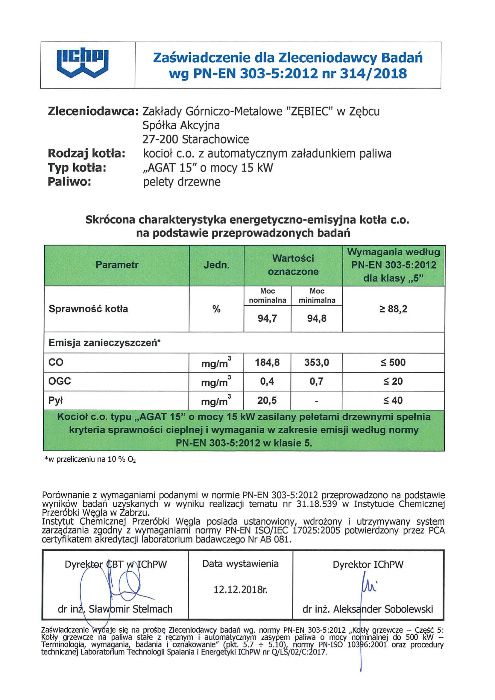 Piec kocioł ZĘBIEC AGAT 5 klasa pelet, podajnik nowy