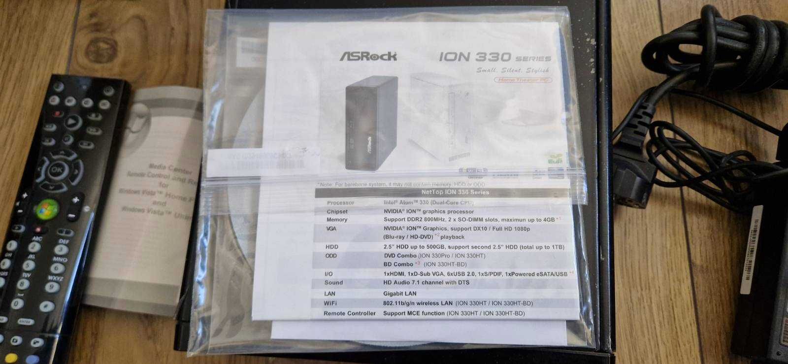 Komputer Asrock 330HT/B MediaPC z pilotem, cały zestaw, folia, pudełko