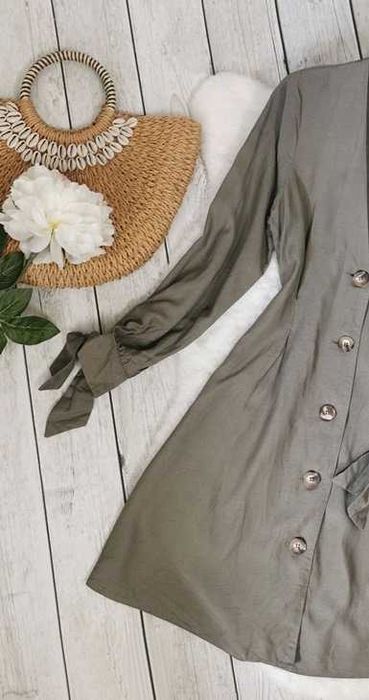 Asos Sukienka Khaki Koszulowa Wiskoza Len Guziki Boho Hippie Retro S