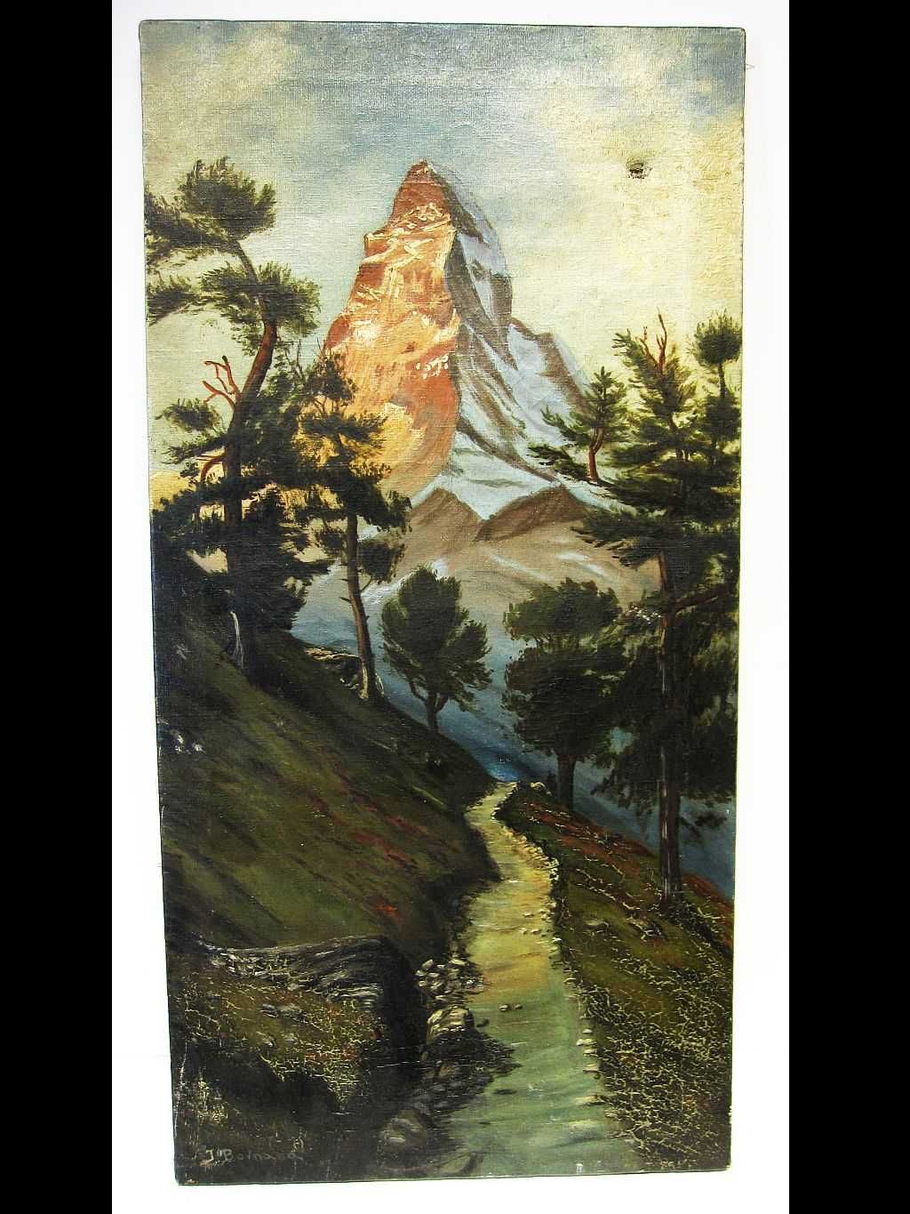 antiga pintura -óleo-paisagem suíça com Matterhorn-assinada J. Bornand