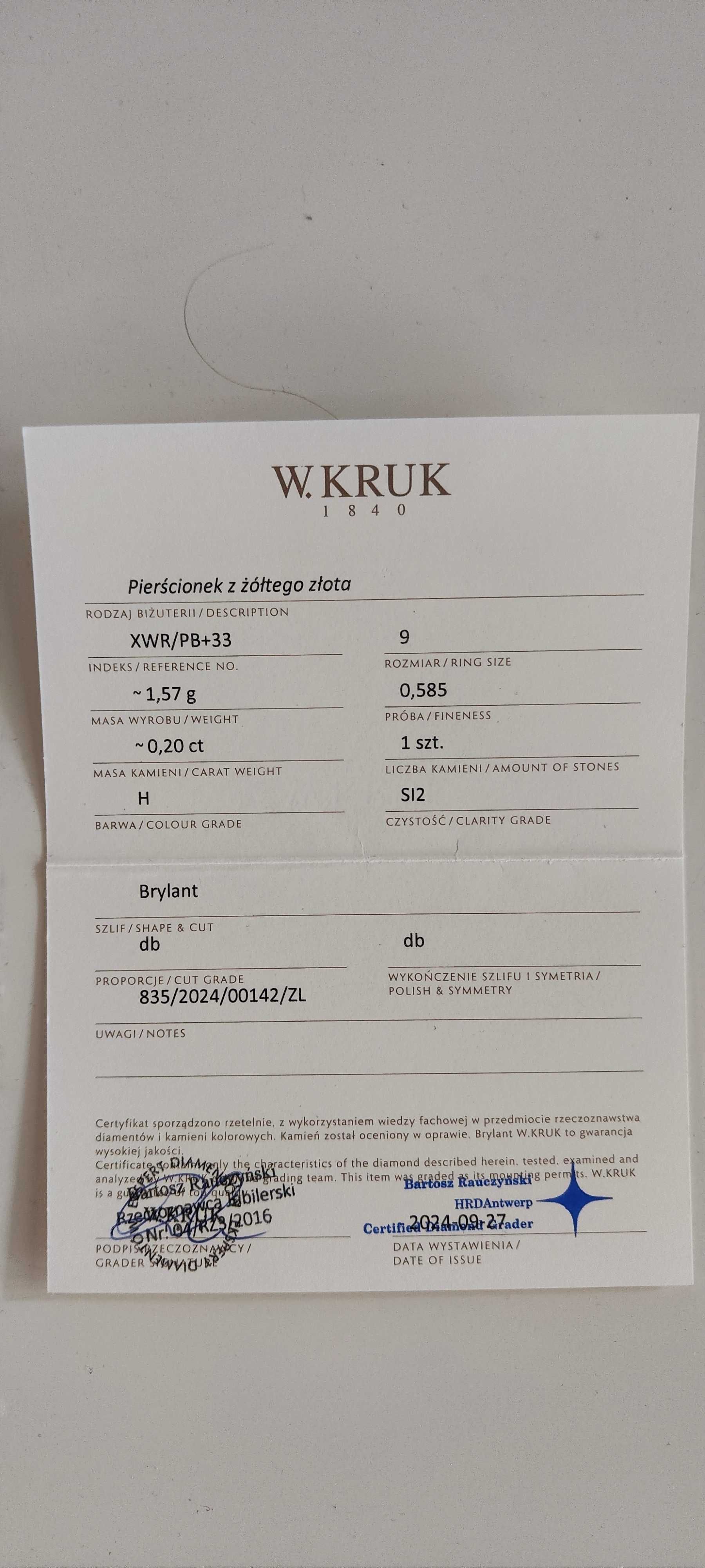 Pierścionek zaręczynowy W.KRUK złoty JEDYNY rozmiar 9
