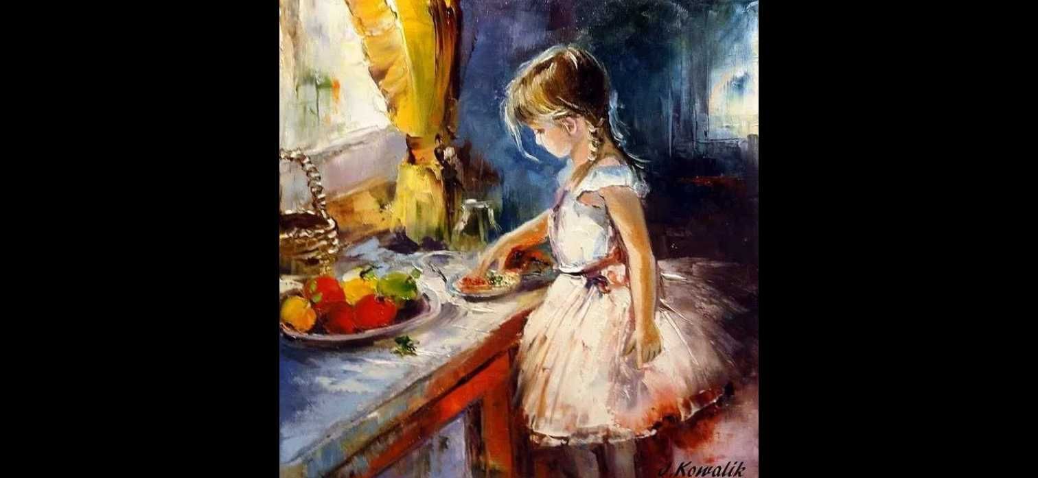 Kowalik - " Jabłuszka II " 30x30cm obraz olejny dziewczynka