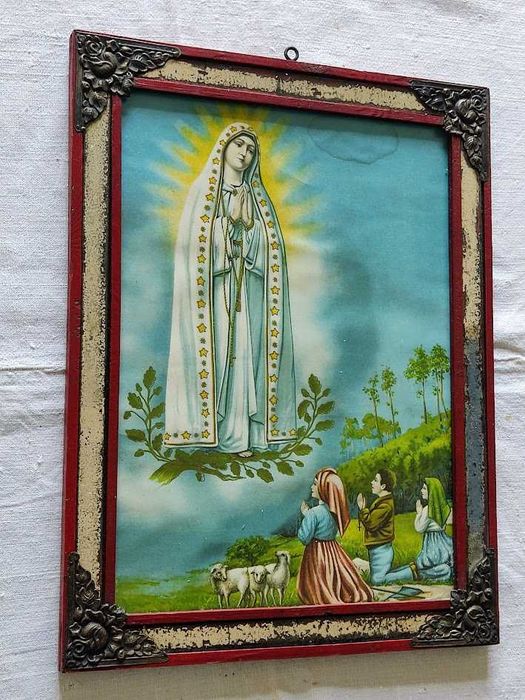 Quadro antigo com imagem Nossa Senhora de Fátima e os Pastorinhos