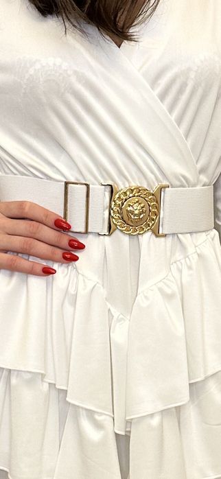 Pasek bialy regulowany ze złota sprzaczka 73 cm