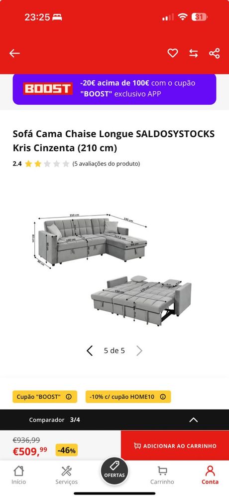 Sofa Cama com Chaise Longue e Baú