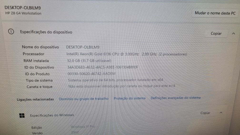 HP Z8 G4 / Duplo xeon gold 6136 24core / 32gb / 512nvme / Quadro M5000