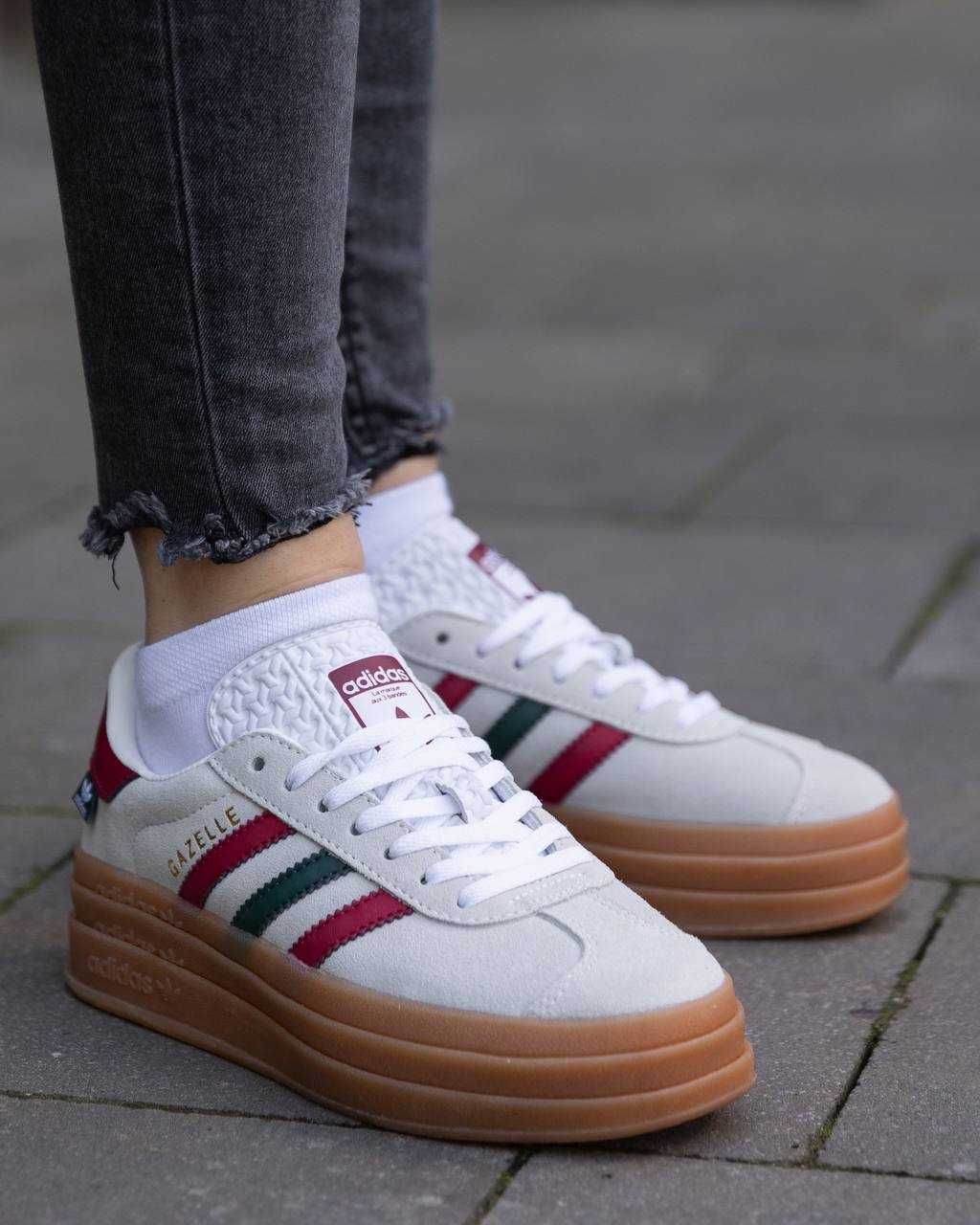 Жіночі кросівки Adidas Gazelle Bold сірий з зеленим червоним AD086 ТОП