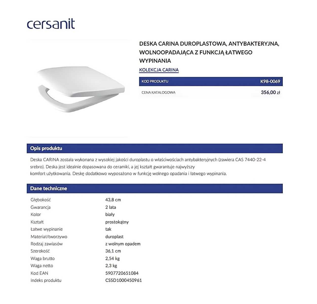 Deska sedesowa wc Cersanit Carina K98-0069