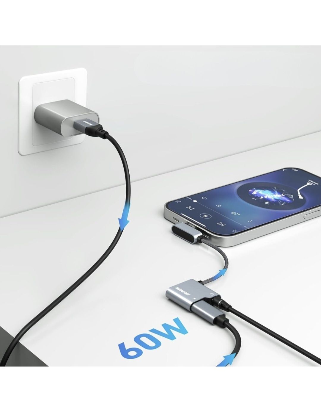 Adapter USB-C Audio 3,5 mm + Ładowanie 60W Do IPhone 15, S24, Pixel