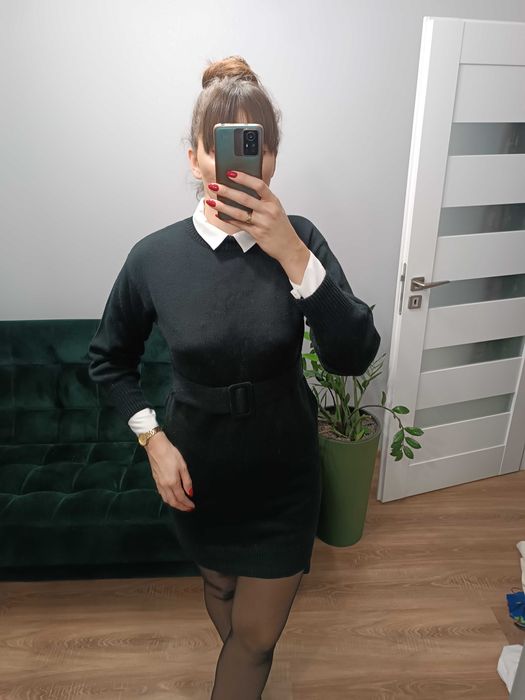 Sukienka dzianinowa sweterkowa półgolf pasek