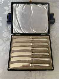 6 X Zestaw Noży do Masla ze Srebrną Rączką w Pudełku 1898 Anglia 120gr
