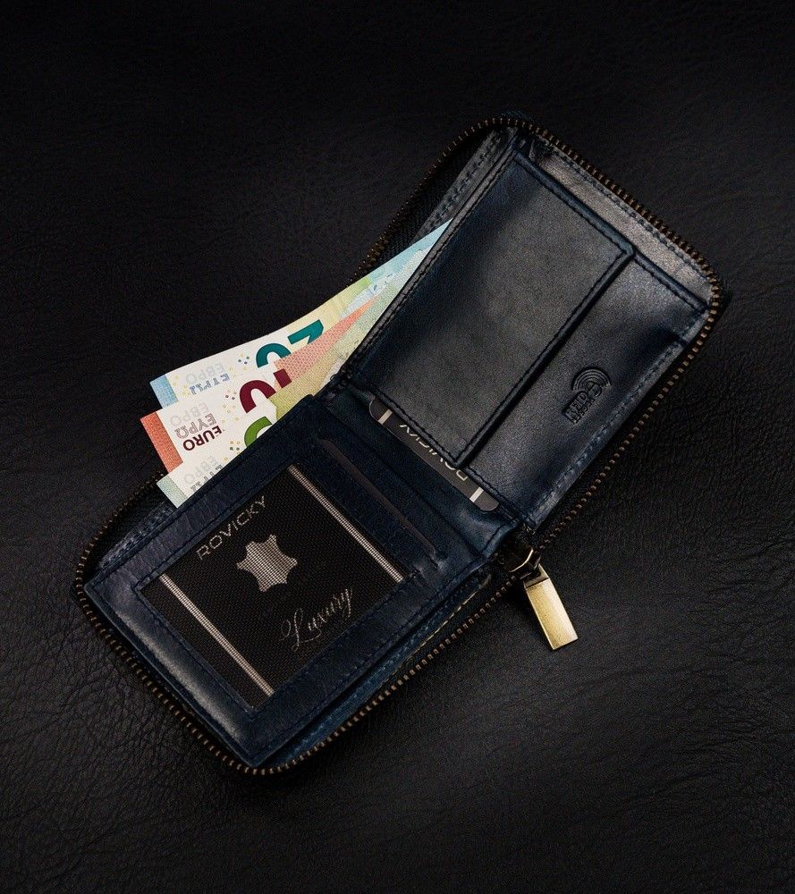 skórzany, kwadratowy portfel męski na zamek w stylu retro, rfid
