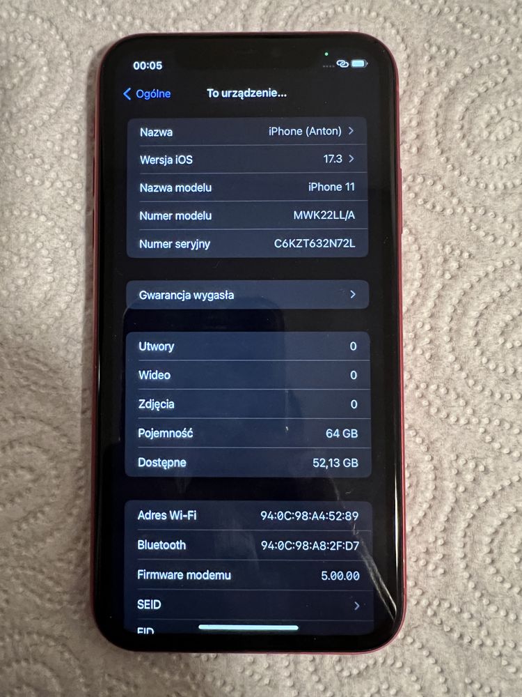 Iphone 10 ,64gb  , czerwony  , bateria 95%