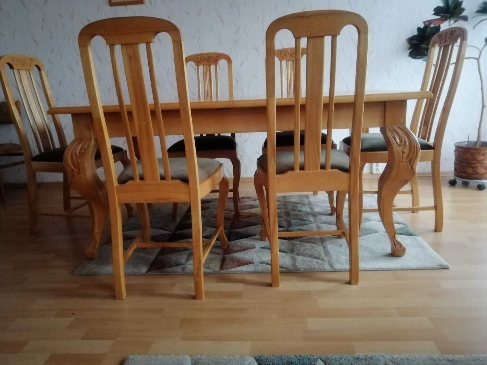 Stół drewniany 165x100, rozkładany + 6 krzeseł