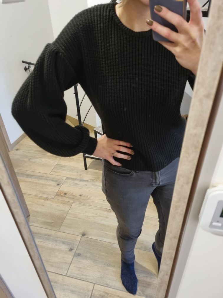 Sweter czarny New Look S crop krotki do pasa sweterek szerokie rekawy