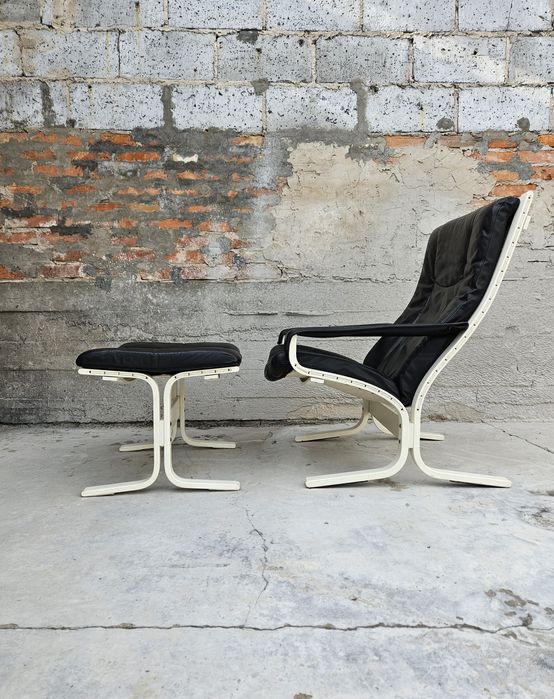 Skórzany fotel z podnóżkiem vintage retro puf mid century modern