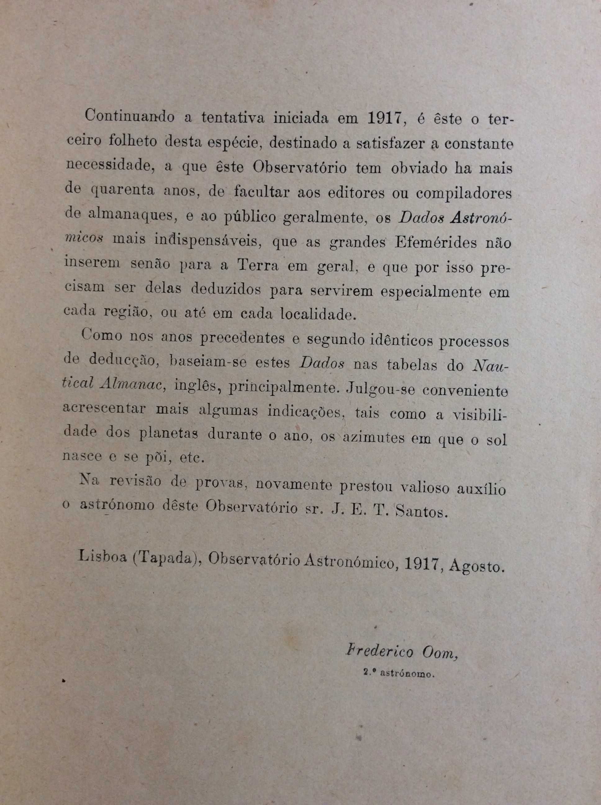 Dados astronómicos para os almanaques de 1919 para Portugal.  Raro