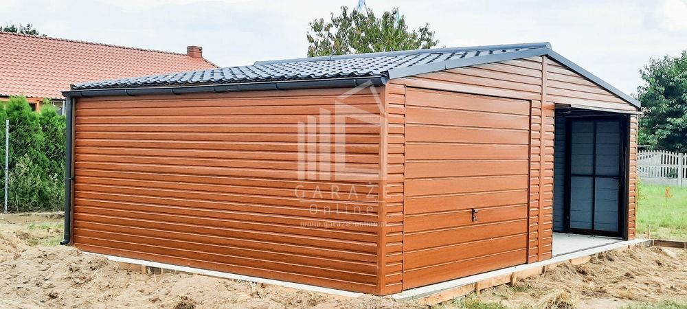 GARAŻ BLASZANY 7x6 dwuspad 2x Brama + drzwi - drewnopodobny ID128