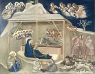 Boże narodzenie - obraz na desce.Transpozycja malarska fresku Giotto’a