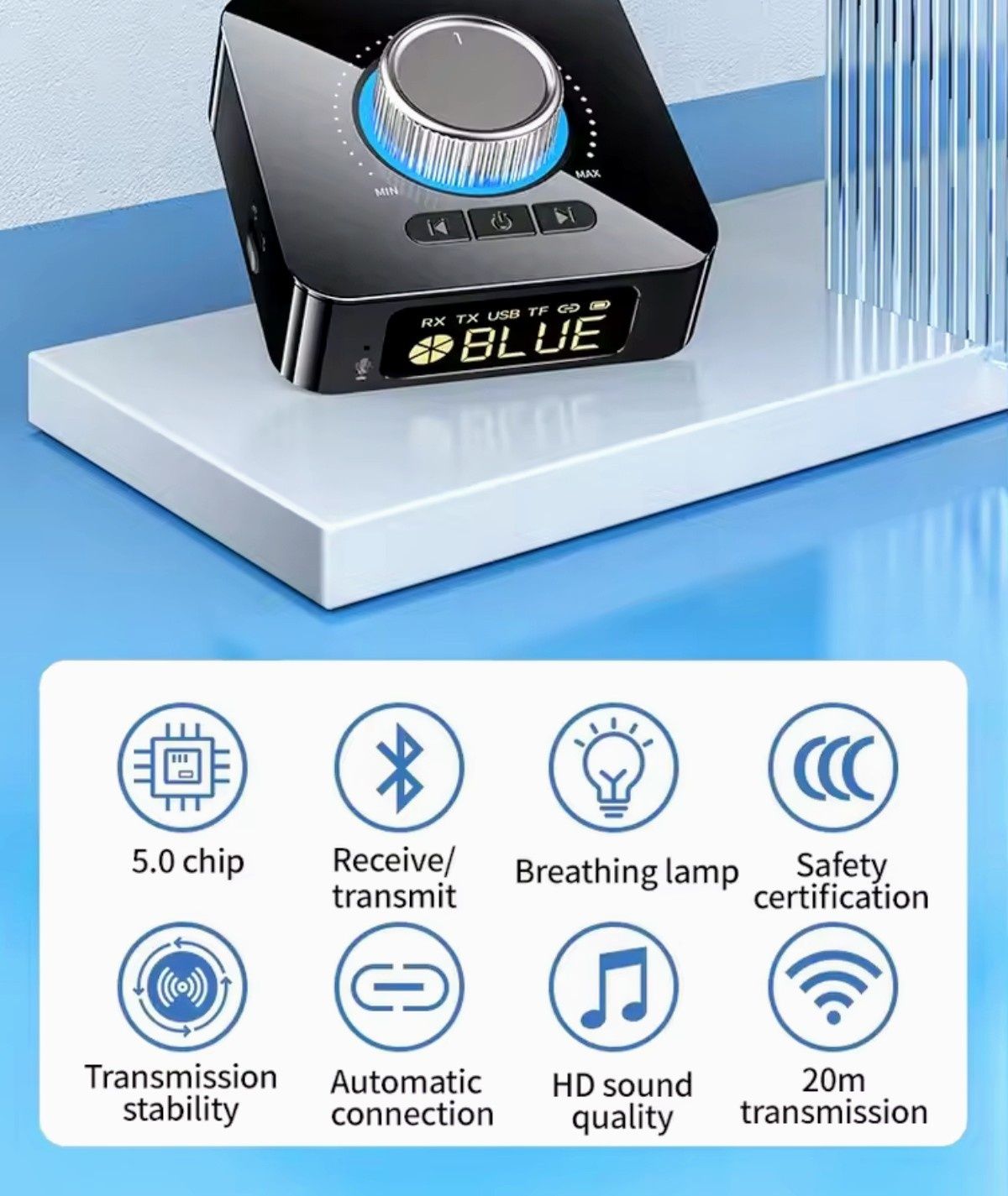 Bluetooth 5.0 z wyświetlaczem LED i pilotem.