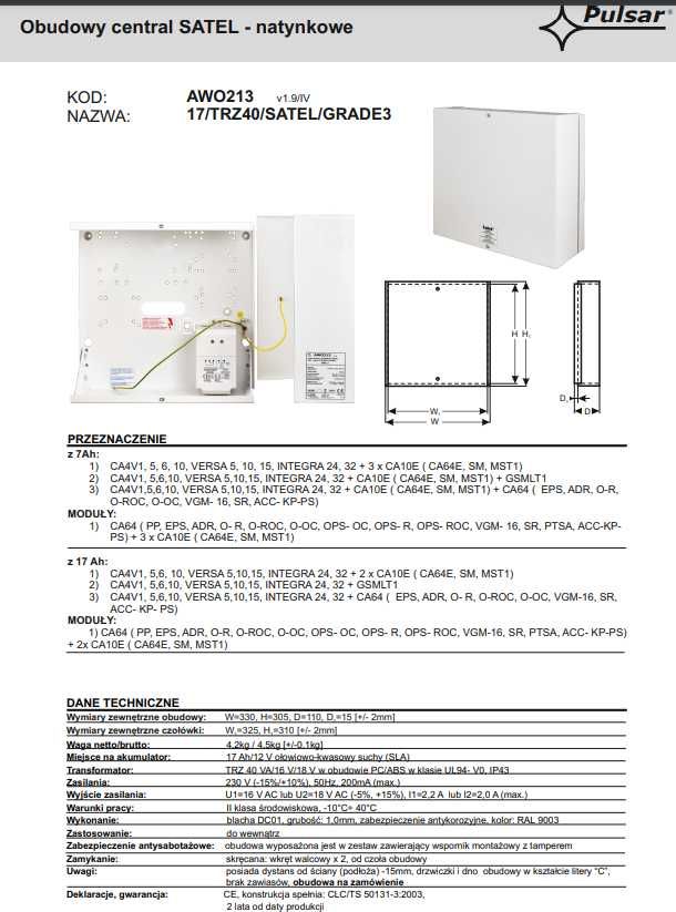 PULSAR SATEL Rozdzielnia Obudowa 17/TRZ40/SATEL/GRADE 3